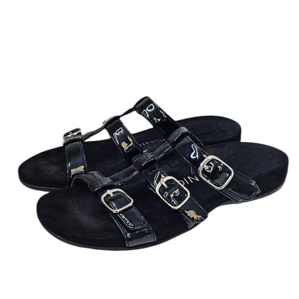 Vionic Black Patent Triple-Buckle Slide Sandals